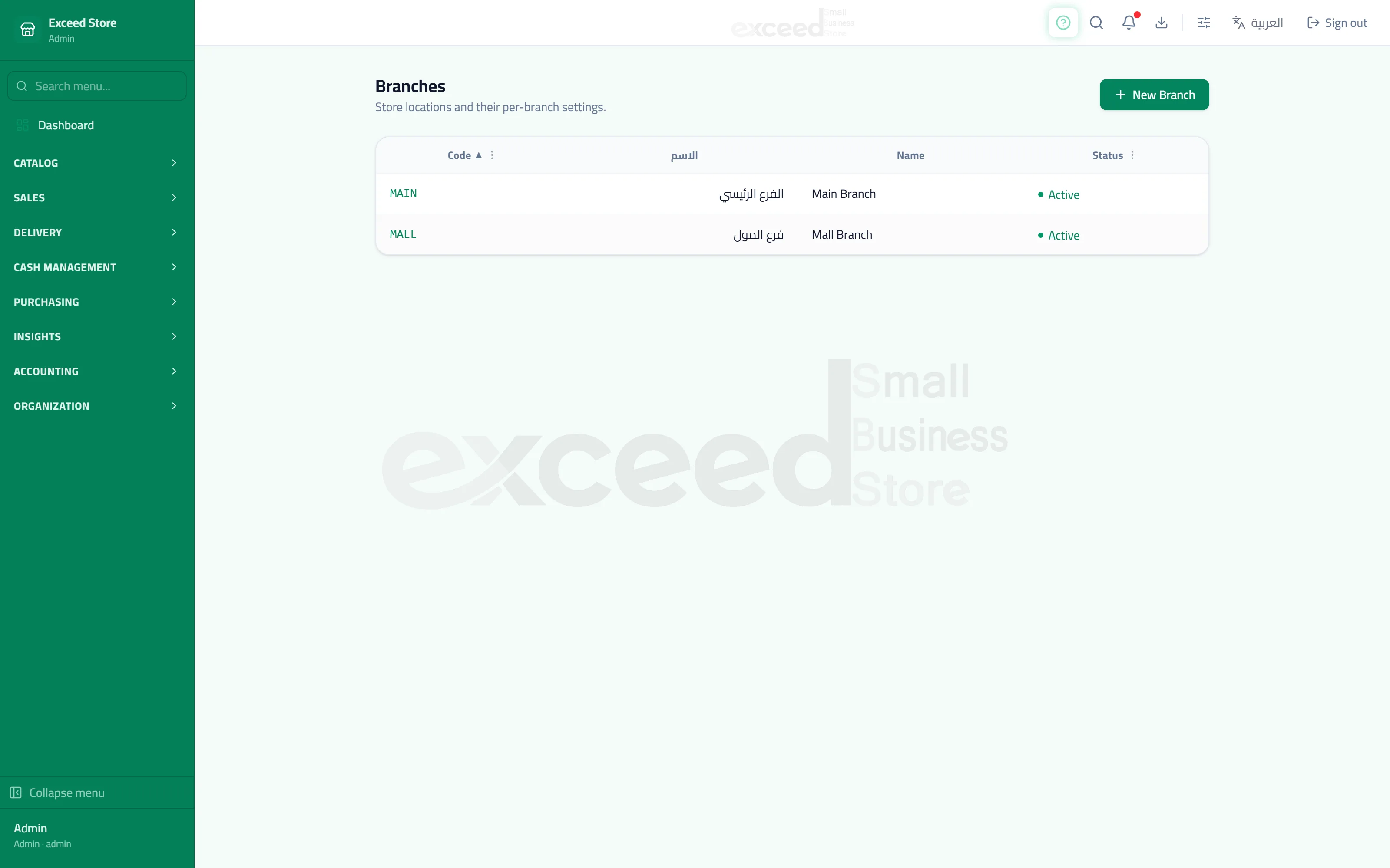 Branches, warehouses and users